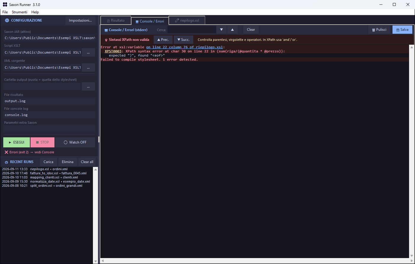 Saxon Runner con un errore XPath: la console mostra il codice XPST0003 spiegato in italiano e la posizione cliccabile nel file
