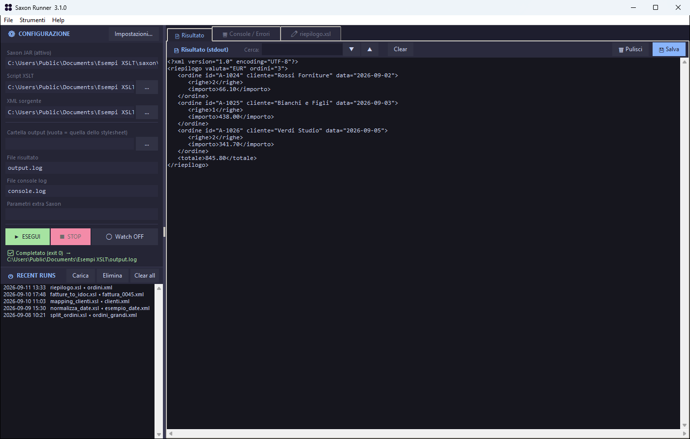 Scheda Risultato di Saxon Runner con l'XML prodotto dalla trasformazione